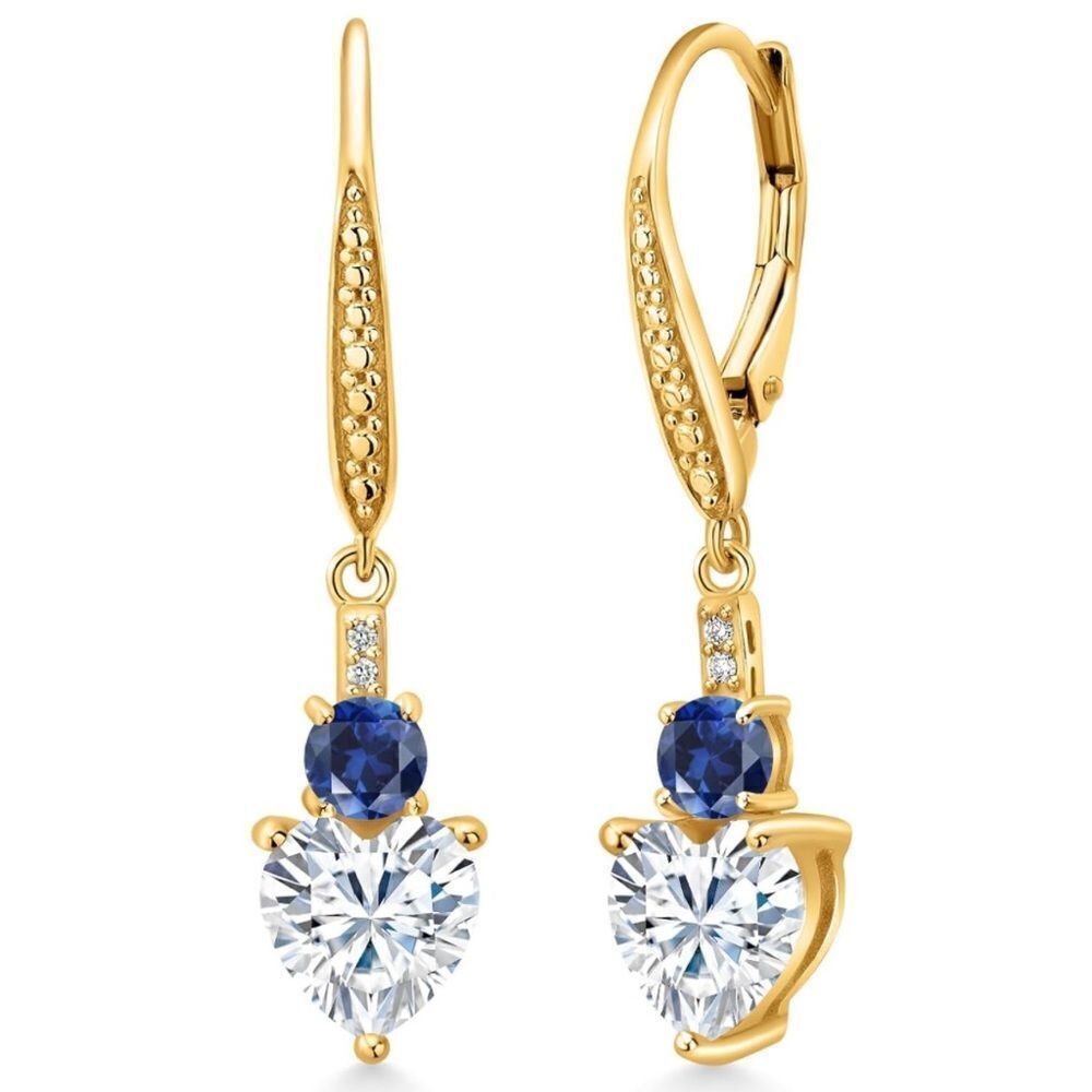 18K Yellow Gold with 3.13 Cttw Moissanite and Blue Sapphire Heart Drop Earrings